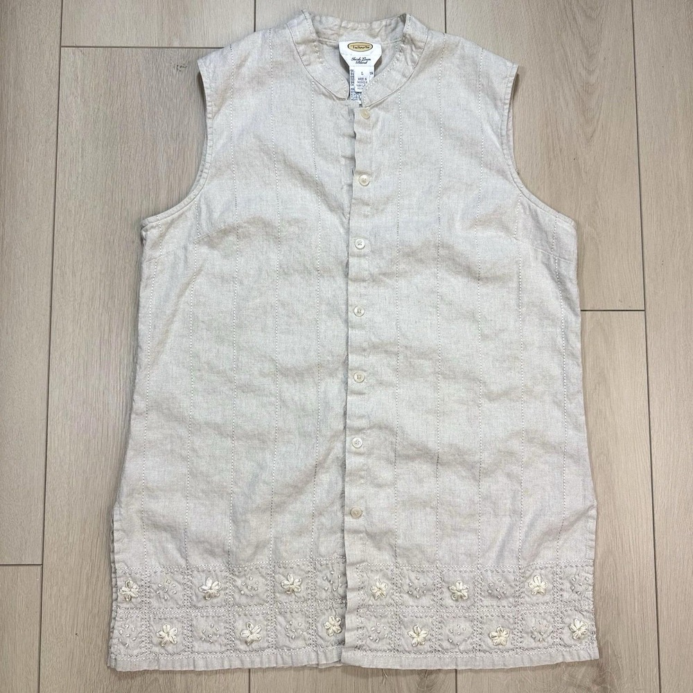 VTG Talbots Irish Linen Blend Sleeveless Vest L Beige Embroidered Floral Y2K Top